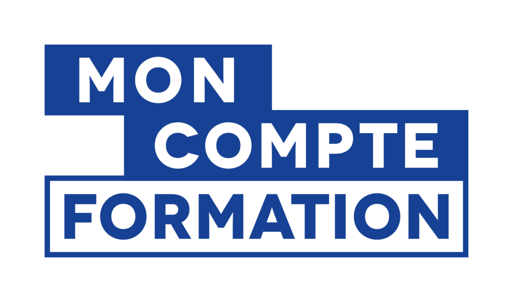 Logo officiel "Mon Compte Formation" en lettres majuscules bleu foncé sur fond bleu clair, représentant le service public français de gestion des droits à la formation.